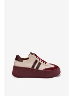 Skórzane Sneakersy Damskie Na Platformie Zazoo 3775 Beżowo-Bordowe