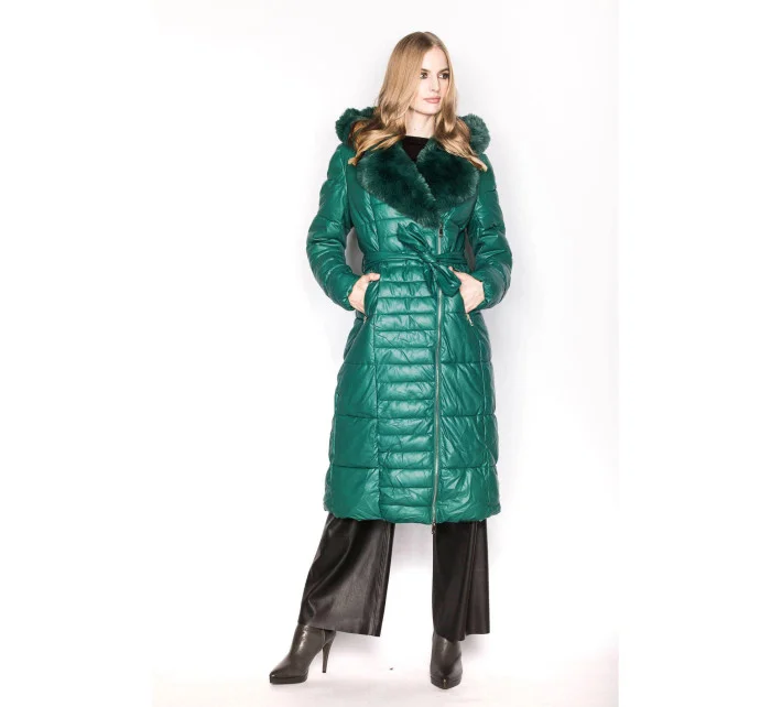 Dámska bunda s kožušinovým golierom zelená (ag6-28)