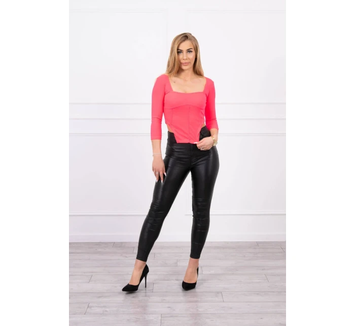 Blúzka s rebrovaným výstrihom ružová neónová