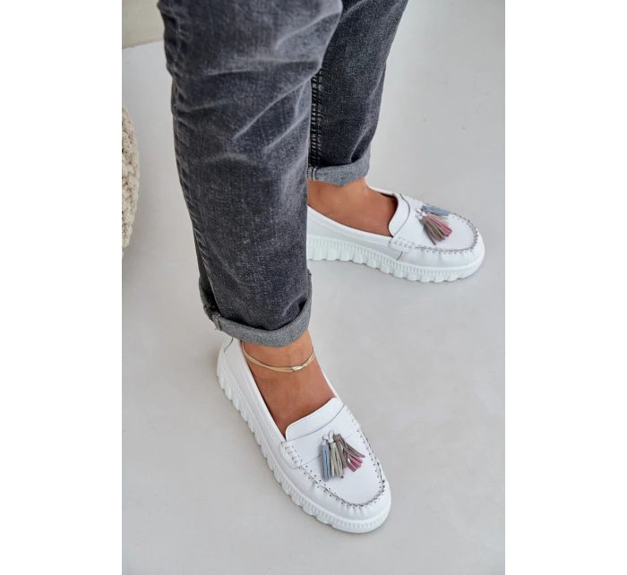 Skórzane Mokasyny Damskie Z Frędzlami Na Platformie I Koturnie Białe Eleazetta Skórzane Mokasyny Damskie Z Frędzlami Na Platformie I Koturnie Białe Eleazetta