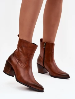 Skórzane Botki Kowbojki Damskie Na Słupku Ocieplane Zazoo 60565 Brązowe