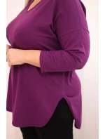 Dámská bavlněná blůza Plus Size s výstřihem do V a ohrnutým rukávem tmavě fialová Dámská bavlněná blůza Plus Size s výstřihem do V a ohrnutým rukávem tmavě fialová
