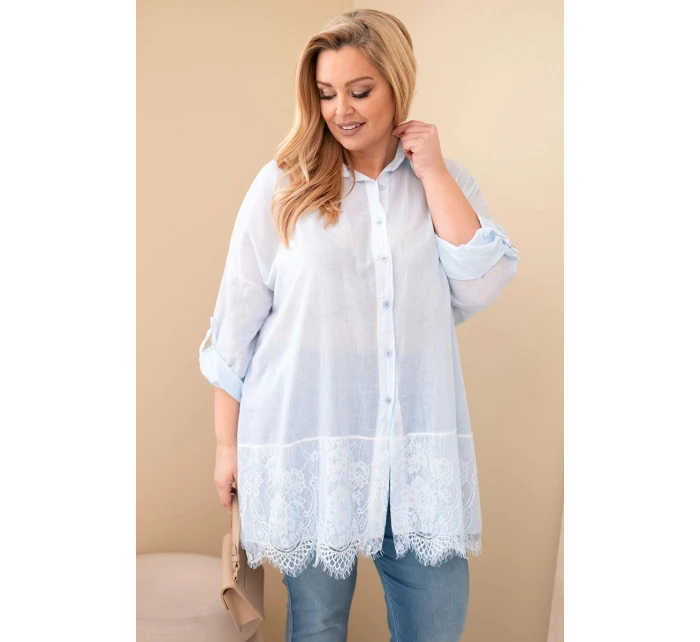 Dámská košile Plus Size bavlněná s krajkovým lemem modrá