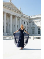 dlouhé lesklé šaty s výstřihem a krátkými rukávy tmavě modré model 21777396 - numoco basic