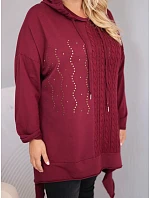 Dámská bavlněná mikina Plus Size s kapucí a pleteným pruhem bordó barva Dámská bavlněná mikina Plus Size s kapucí a pleteným pruhem bordó barva