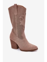 Ażurowe Kozaki Kowbojki Na Słupku S.Barski HY51-606 Beżowe