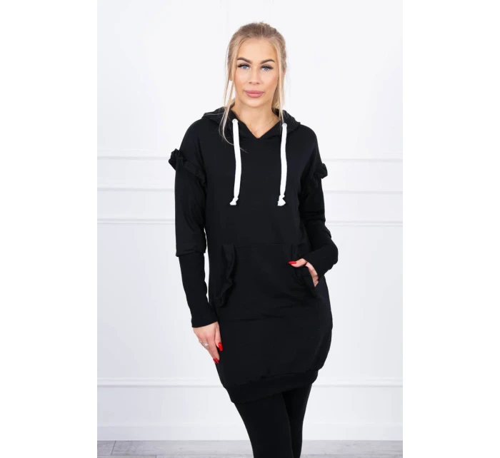 Šaty s ozdobnými volánikmi a kapucňou čiernej farby Šaty s ozdobnými volánikmi a kapucňou čiernej farby