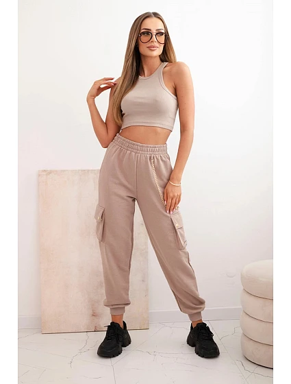 Dámské bavlněné cargo kalhoty s kapsami a řetízkem béžové