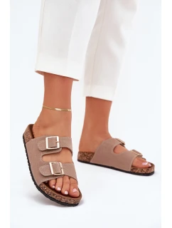 Klapki Damskie Ze Złotymi Klamrami I Przeszyciami Khaki Lunera