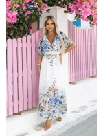 613-1 CELINA Vzdušné maxi šaty s obálkovým výstrihom, opaskom a kvetinovým ombre - MODRÁ 613-1 CELINA Vzdušné maxi šaty s obálkovým výstrihom, opaskom a kvetinovým ombre - MODRÁ