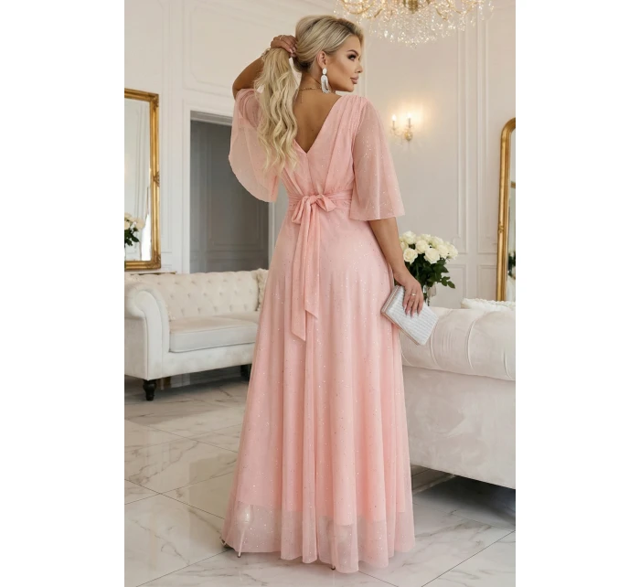 654-4 Dlhé trblietavé šaty nadmernej veľkosti s výstrihom a priehľadnými rukávmi - broskyňové