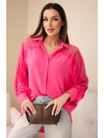 Dámske viskózové tričko s čipkovanými rukávmi a golierom ružovej farby