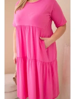 Dámske bavlnené plus size šaty s krátkymi rukávmi a volánom v ružovej farbe