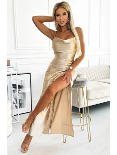 483-2 DIANE saténové dlhé šaty s rozparkom na nohách - BEACH