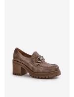 Zazoo 20175 Półbuty Damskie Na Słupku Skóra Naturalna Ciemnobeżowe