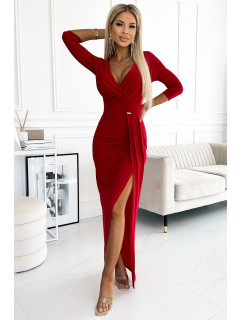 Lesklé červené dlouhé dámské šaty s výstřihem, a rozparkem na model 19010044 - numoco
