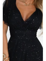 635-2 MELANIA Dlhé lesklé šaty s výstrihom a krátkymi rukávmi - čierne