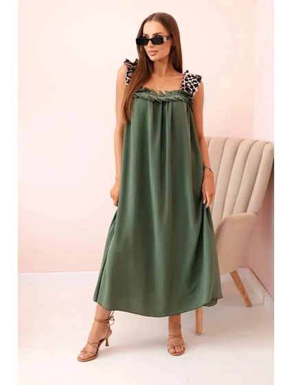 Dámské šaty s ramínky s leopardím potiskem khaki