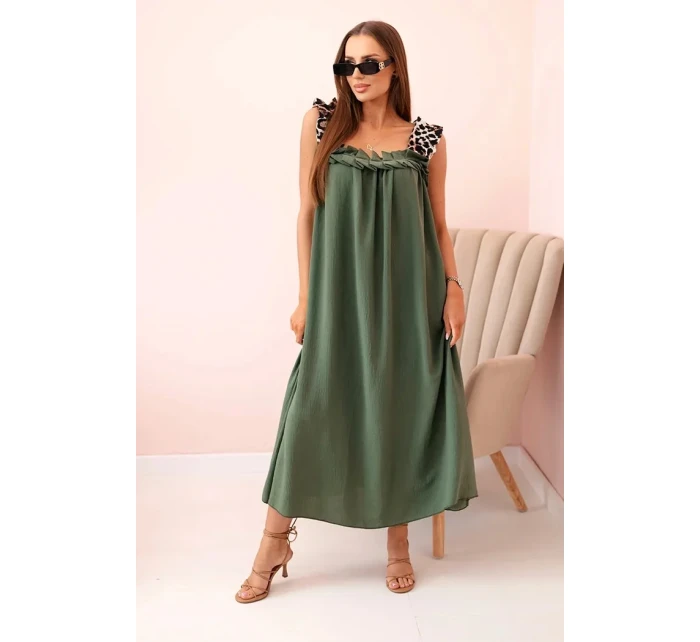 Dámské šaty s ramínky s leopardím potiskem khaki