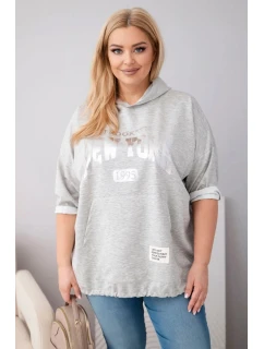 Dámská mikina Plus Size viskózová s kapucí a klokaní kapsou šedý melír
