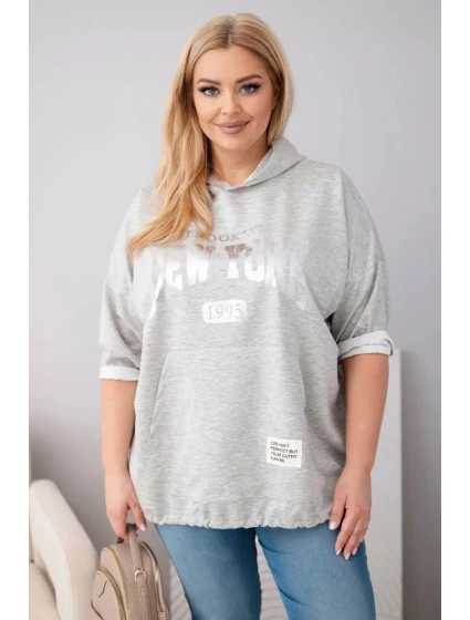 Dámská mikina Plus Size viskózová s kapucí a klokaní kapsou šedý melír Dámská mikina Plus Size viskózová s kapucí a klokaní kapsou šedý melír