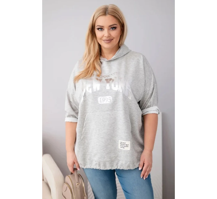 Dámská mikina Plus Size viskózová s kapucí a klokaní kapsou šedý melír Dámská mikina Plus Size viskózová s kapucí a klokaní kapsou šedý melír