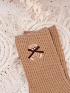 Dámske bavlnené rebrované ponožky s medvedíkom - svetlohnedé