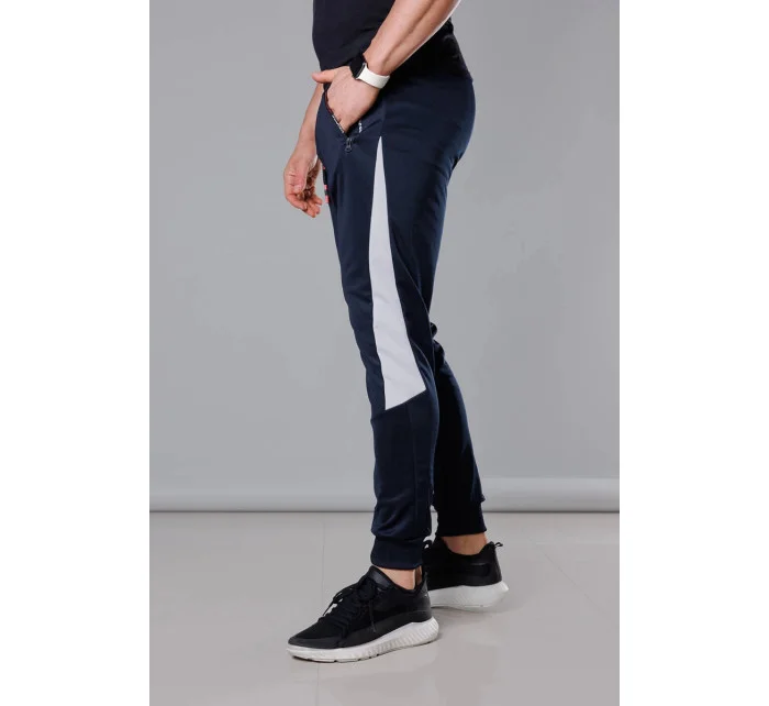 Tmavo modro-biele pánske teplákové nohavice so vsadkami (8K168)