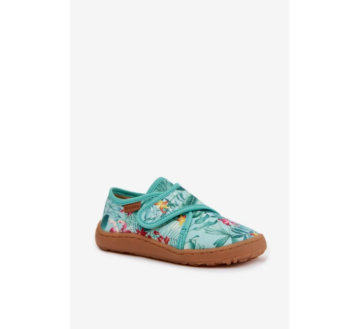 Dětské papuče na suchý zip Barefoot Květiny Listy Froddo G1700438-14 Mentolové