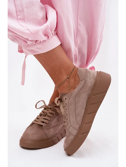 Kožené semišové dámské tenisky na platformě Tmavě béžové model 22123282 - EVENTO