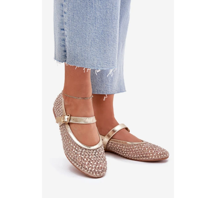 Zdobione Baleriny Damskie Z Paskiem I Klamrą Złote Avirae Zdobione Baleriny Damskie Z Paskiem I Klamrą Złote Avirae