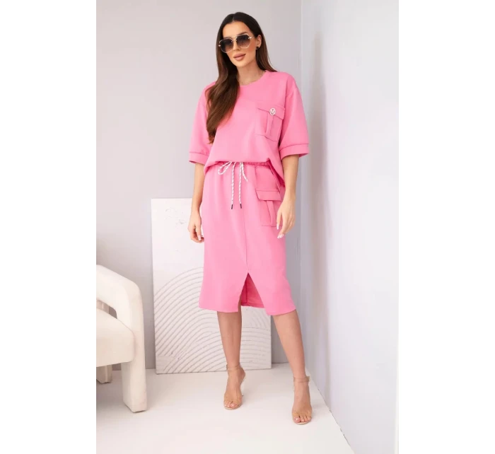 Dámský komplet máslový s halenkou a midi sukní růžový