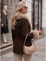 Płaszcz damski dwurzędowy z odpinanym kołnierzem brązowy FashionStreet TY6079