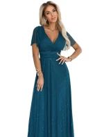 dlouhé třpytivé šaty s výstřihem a krátkými rukávy lahvově zelené model 21412840 - numoco basic