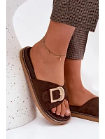 Dámské pantofle s zlatým sponou tmavě béžové model 22125593 - Boto