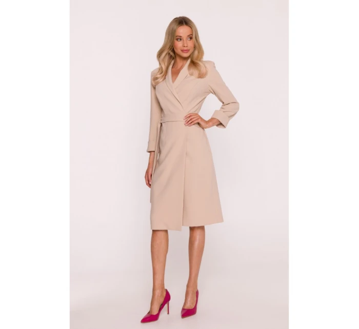 S415 Košeľové šaty viazané v páse - béžové