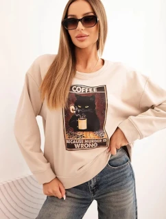 Dámská bavlněná mikina s potiskem kočky a nápisem béžová