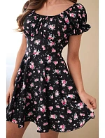 Dámske kvetinové šaty s volánovými rukávmi a elastickým pásom čierne