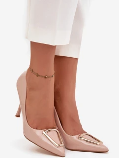 Dámske lakované lodičky na ihlovom podpätku so zlatými detailmi Paivelle - béžové