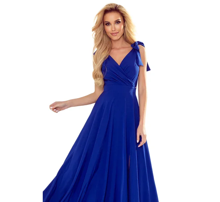 ELENA - Dlhé dámske šaty v nevädzovej farbe s výstrihom a zaväzovaním na ramenách 405-2 ELENA - Dlhé dámske šaty v nevädzovej farbe s výstrihom a zaväzovaním na ramenách 405-2