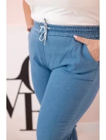 Dámské bavlněné kalhoty Plus Size s elastickým pasem a zavazováním světlý denim Dámské bavlněné kalhoty Plus Size s elastickým pasem a zavazováním světlý denim