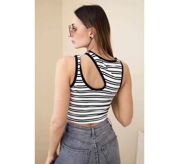 Dámsky rebrovaný pruhovaný top bez rukávov s prieramkami čierny