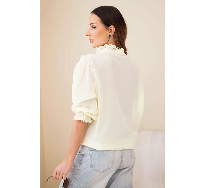 Dámske bavlnené tričko s čipkou a viazankami žlté