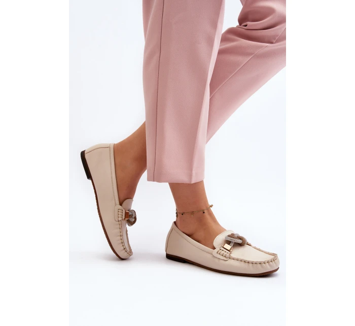 Dámské kožené mokasíny s ozdobou model 21648246 béžové - Laura Messi