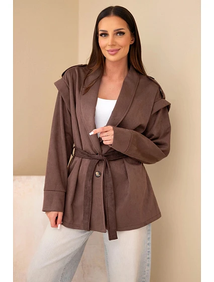 Dámský viskózový kabát s páskem a hnědý model 22294742 - K-Fashion