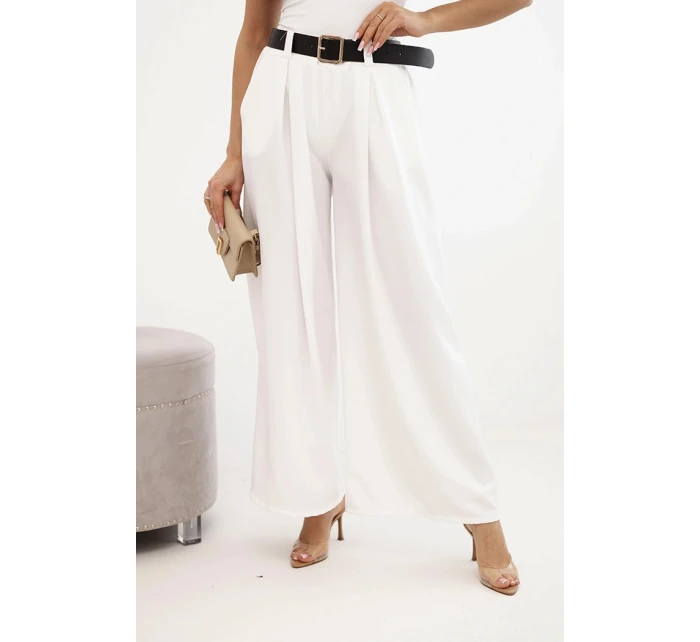 Dámské kalhoty s širokými nohavicemi a ecru páskem ecru
