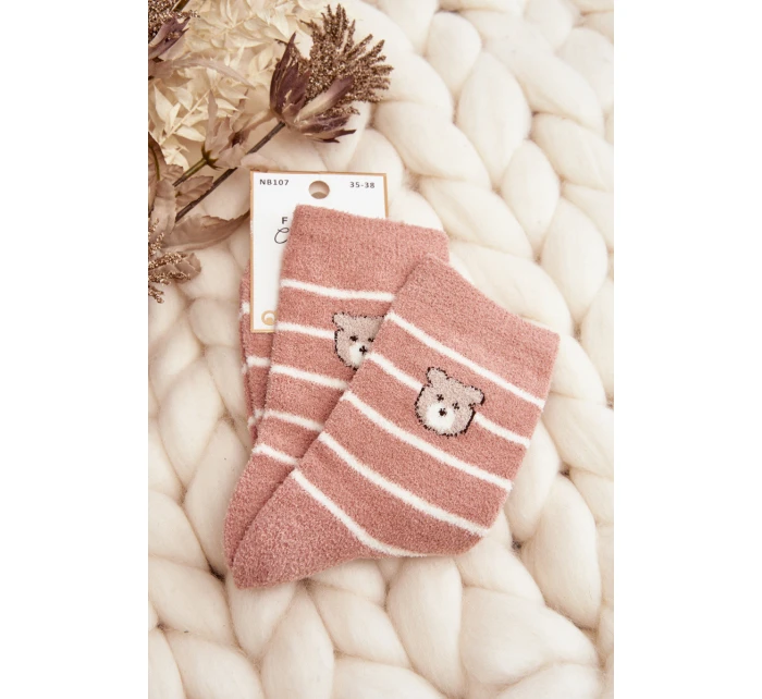 Damskie Ciepłe Skarpety W Paski Z Misiem Różowe