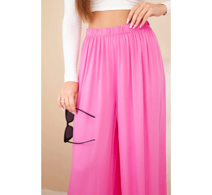 Dámské široké viskózové kalhoty s gumou v pase růžové