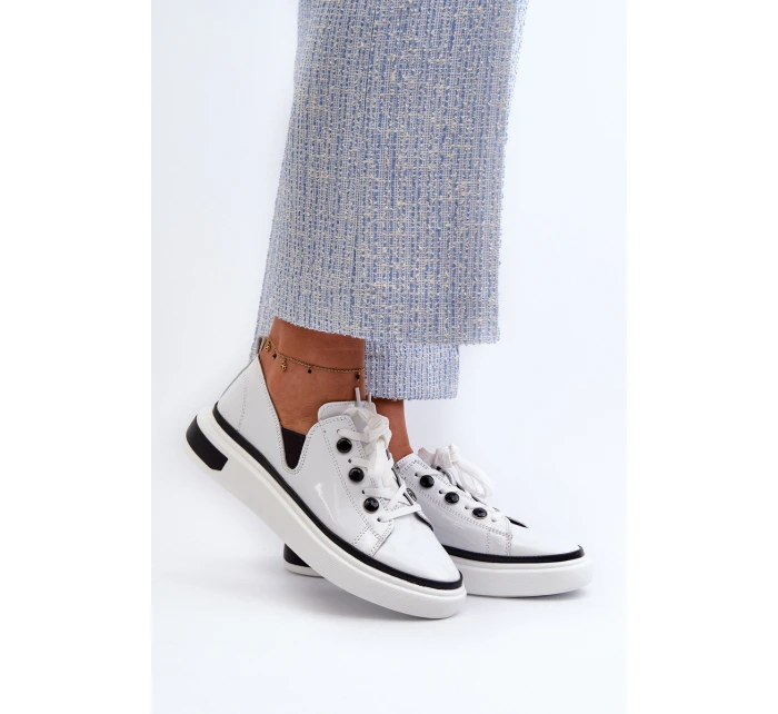 Lakierowane Sneakersy Damskie Skórzane D&A LR535 Białe
