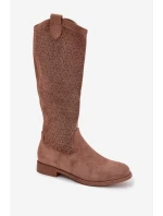 Dámské kozačky s perforovaným vzorem na nízkém podpatku S.Barski HY61-8022 Hnědé